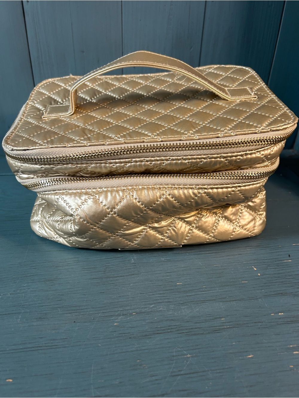 Tartan + Twine Quilted Metallic Cosmetic Train Case - Gold | Double Zipper